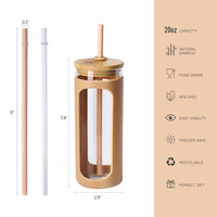 Kodrine 20oz Glass Water Tumble with Straw and Lid,Bamboo Lids Water Bottle, Iced Coffee Cup Reusable, Wide Mouth Smoothie Cups, Straw Silicone Protective Sleeve BPA FREE-Amber