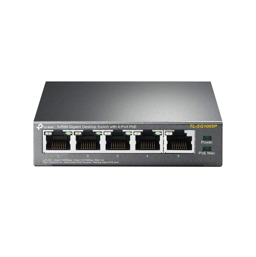 TP-Link TL-SG1005P, 5 Port Gigabit PoE Switch, 4 PoE+ Ports @65W, Desktop, Plug & Play, Sturdy Metal w/ Shielded Ports, Fanless, QoS & IGMP Snooping,black