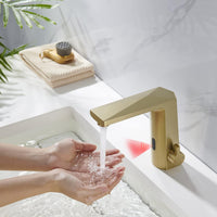 Automatic Sensor Touchless Bathroom Sink Faucet with Hole Cover Plate, Chrome Vanity Faucets, Hands-Free Bathroom Water Tap with Control Box and Temperature Mixer, Easy Installation (Gold)