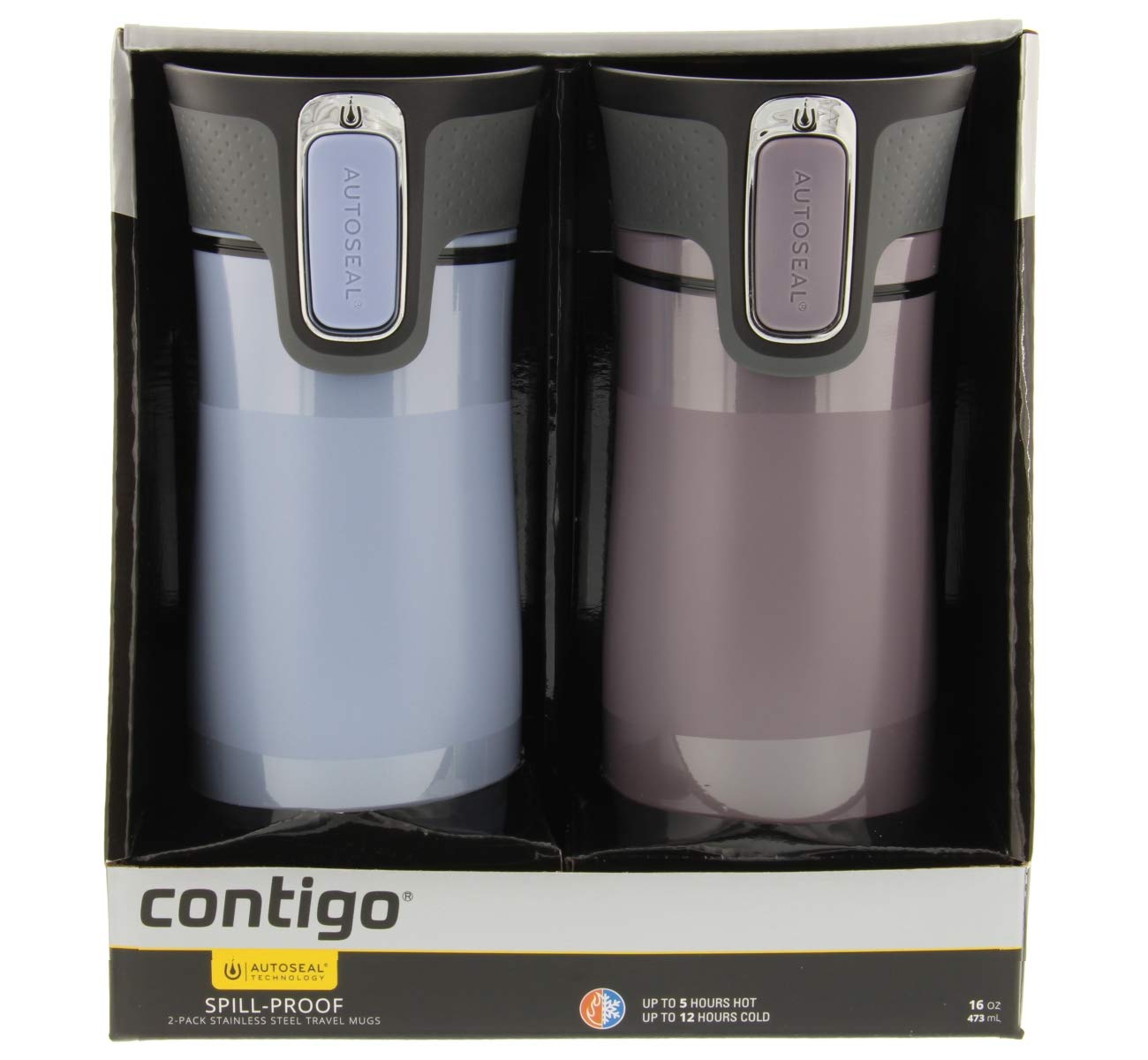 Contigo AUTOSEAL West Loop Vacuum-Insulated Stainless Steel Travel Mug, 16 oz, 2-Pack, Earl Grey/Dark Plum