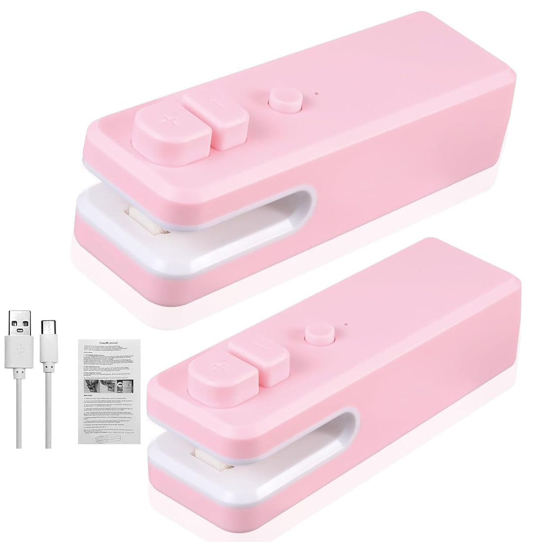 Mini Bag Sealer,Rechargeable Handheld 3 in 1 Plastic Bag Sealer with Cutter Heat Portable Vacuum Sealers Kitchen Gadget for Chip Bags, Plastic Bags, Snack Freshness Food Storage（USB Cable) (Pink)