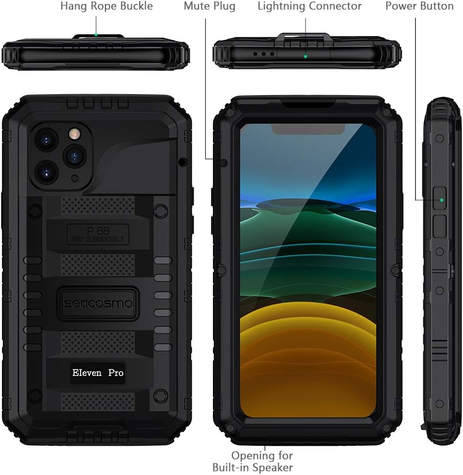 seacosmo Waterproof Case for iPhone 11 Pro, Strong Dust-Proof with Built-in Screen Protector Drop Protection Shock Absorption Case Cover for Apple iPhone 11 Pro (5.8 Inch), Black