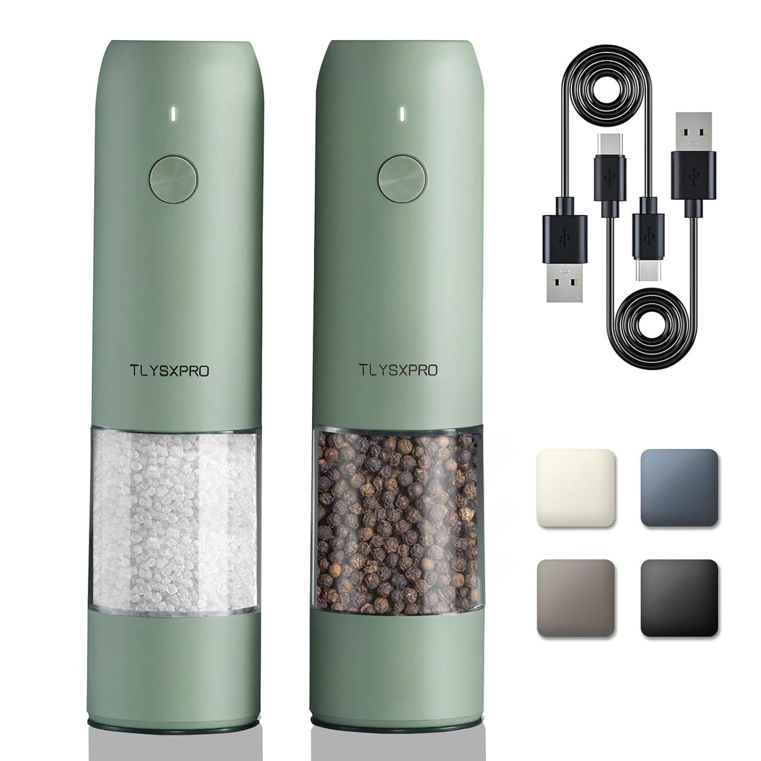 Electric Salt and Pepper Grinder Set, USB Rechargeable, Automatic Salt and Pepper Mill Grinder with Adjustable Coarseness, Electric Salt Shakers, LED Light, Refillable, Kitchen Gadgets (2 Packs, Sage)