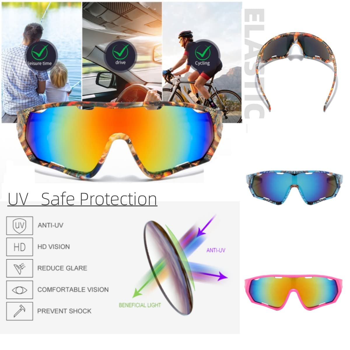 YUHANOER Sport Sunglasses Cycling Driving Fishing Baseball Running Glasses for Men Women,UV400 Glasses (Cycling pink)