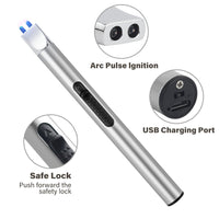Electric Candle Lighter Long Pen Shape Windproof Pulse Arc Lighers USB Rechargeable for Candle Kitchen Fireplace Camping BBQ (Silver)