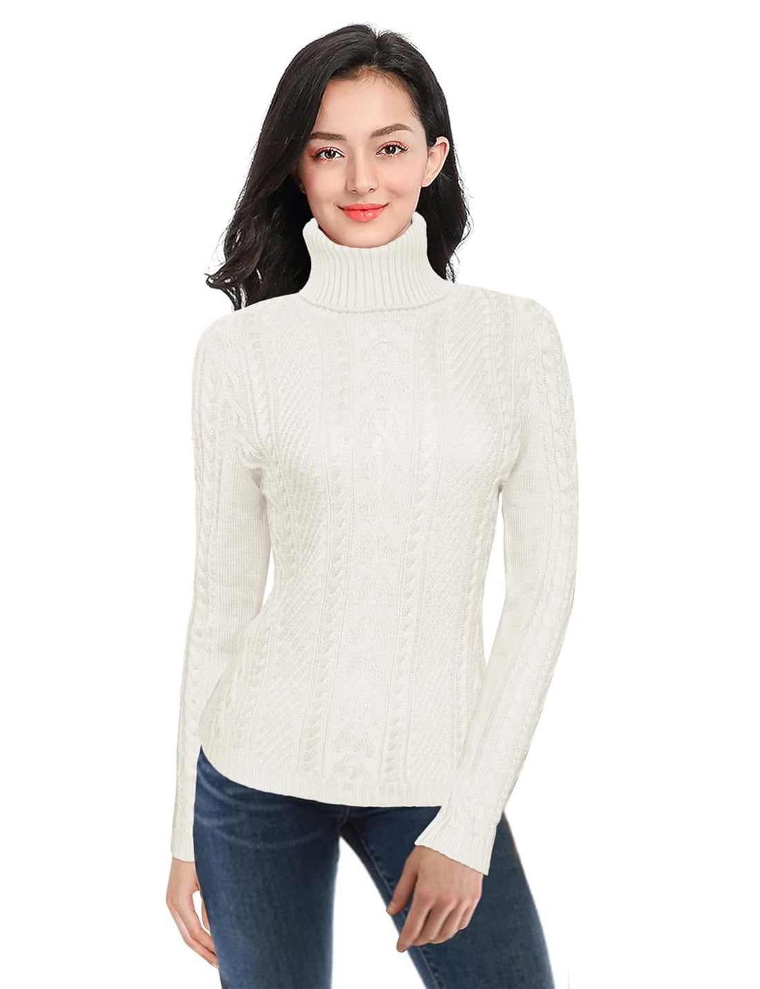v28 Women Polo Neck Long Slim Fitted Dress Bodycon Turtleneck Cable Knit Sweater, Y White, X-Large