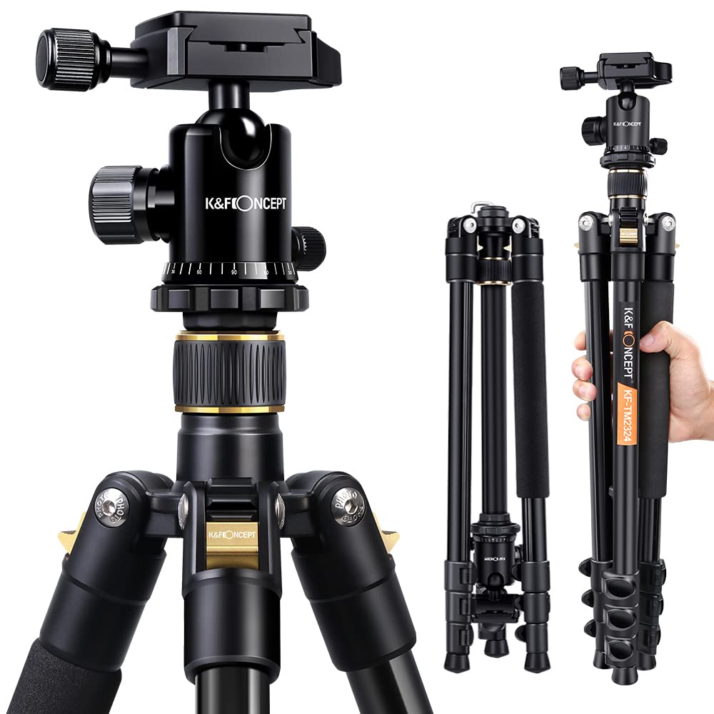 K&F Concept 62'' DSLR Tripod, Lightweight and Compact Aluminum Camera Tripod with 360 Panorama Ball Head Quick Release Plate for Travel and Work (TM2324 Black)