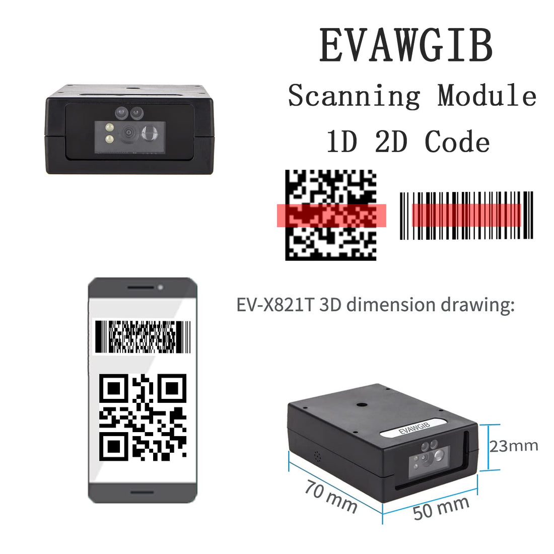 EVAWGIB Embedded Mini USB Fixed Mount Barcode Scanner Scan Engine, CMOS 2D Barcode Reader Module RS232/TTL/USB Barcode Scanner Module Mini-Size Module (USB)