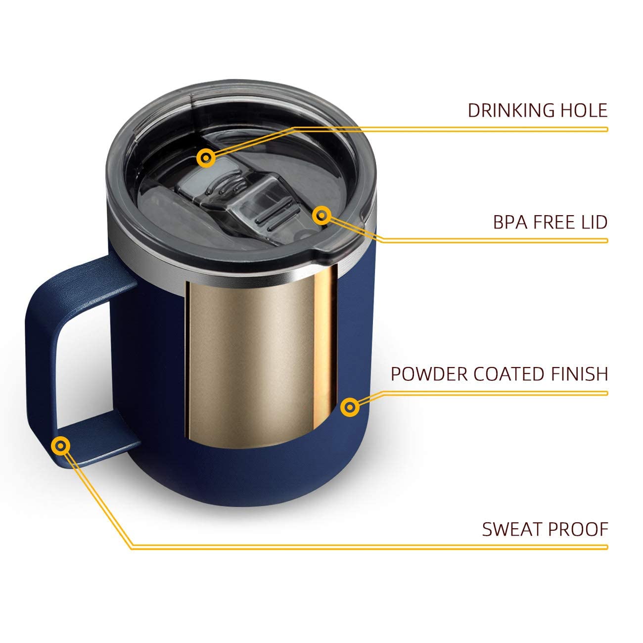 12oz Stainless Steel Insulated Coffee Mug with Handle, Double Wall Vacuum Travel Mug, Tumbler Cup with Sliding Lid, Navy