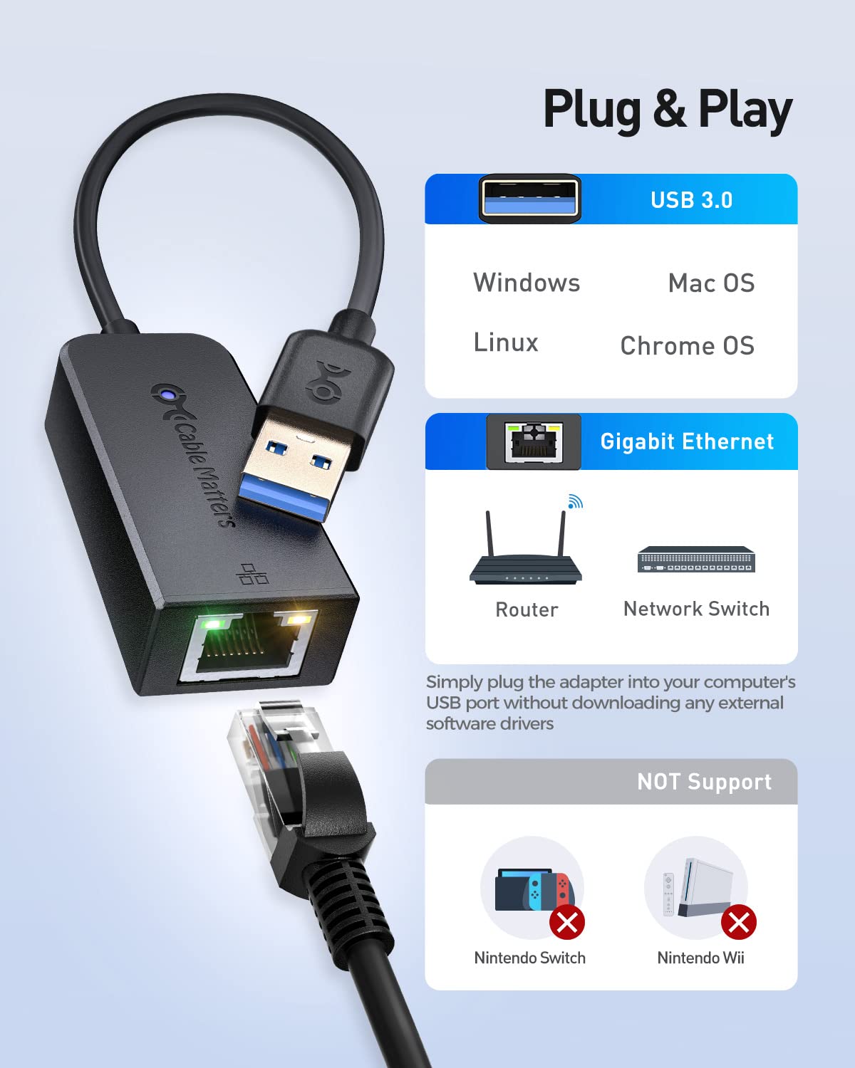 Cable Matters 202013-BLACK USB 3.0 to RJ45 Gigabit Ethernt Network Adapter (Black)