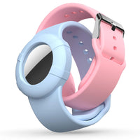 Air tag Wristband Kids(2 Pack) - Soft Silicone Air tag Bracelet for Kids - Lightweight GPS Tracker Holder Compatible with Apple Air tag Childs Watch Band Kids (Pink + Denim Blue)