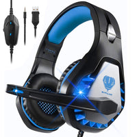 DIWUER Stereo Gaming Headset for Nintendo Switch, PS4, Xbox One with Noise Cancelling Mic, Soft Earmuffs Surround Sound Over Ear Headphones with LED Light for PC, Mac, Laptop (Blue)