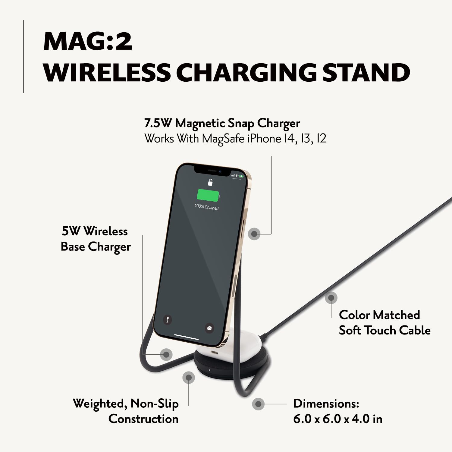 Courant MAG:2 Wireless Charging Stand - Belgian Linen - 2 in 1 Multi-Device Charger - Magnetic Stand for MagSafe iPhones with Charging Base for AirPod Cases, (Charcoal)