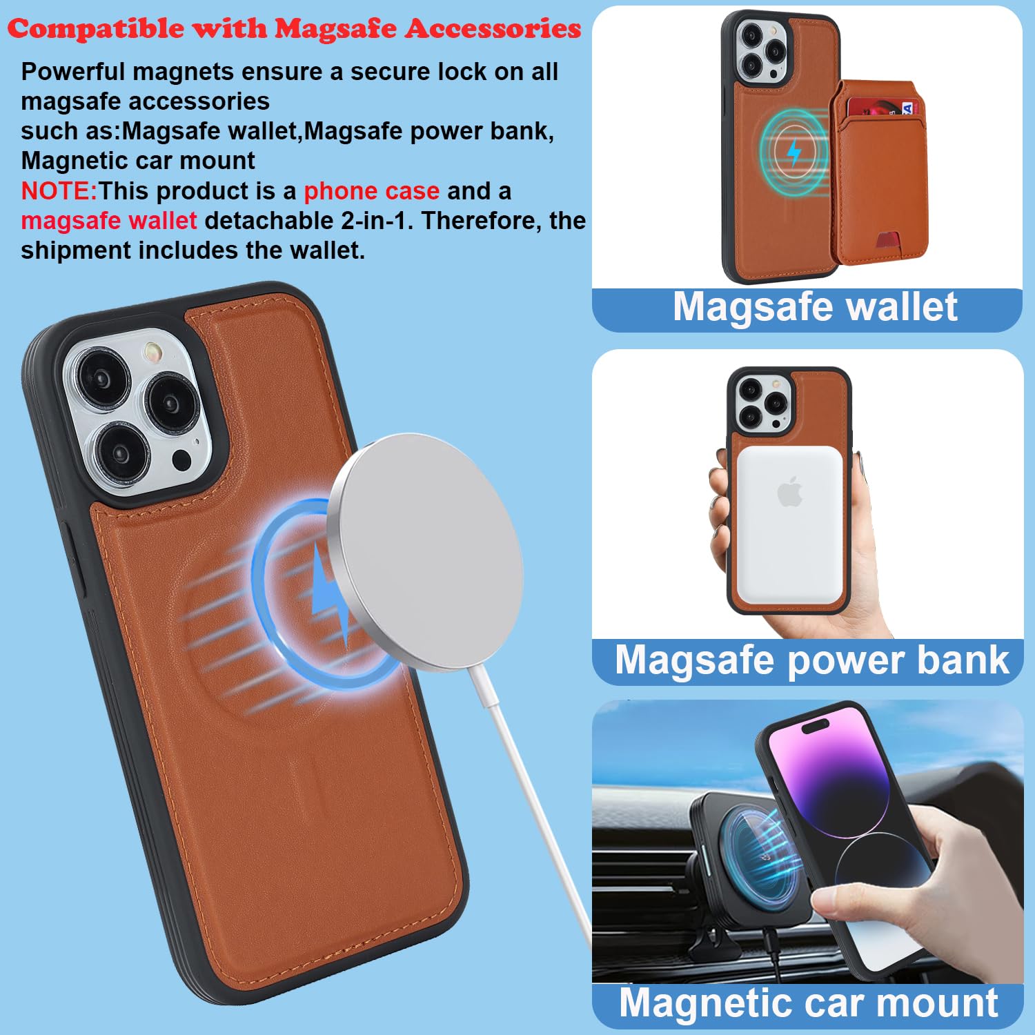 Ｈａｖａｙａ iPhone 14 Pro Case Magsafe,iPhone 14 Pro Phone case with Card Holder,case Wallet Magnetic Detachable,Mag-Safe Compatible with Kickstand for Women and Men-Brown