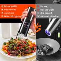 Electric Salt and Pepper Grinder Mill Set: Gravity Automatic Spice Peppercorn Shaker Rechargeable Base Adjustable Coarseness Refillable One Hand Operated With LED light Auto Dust Cover Safety Switch
