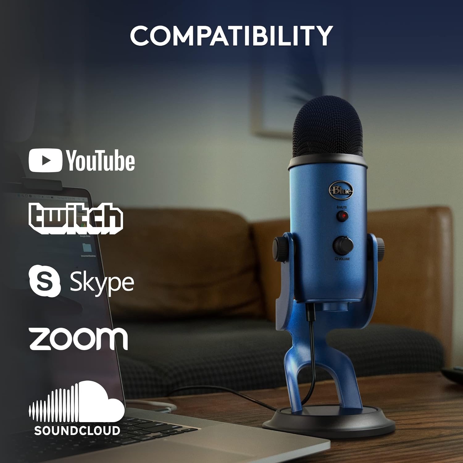 Blue Yeti Unidirectional/Omnidirectional/Bidirectional USB Microphone For Recording, Streaming, Gaming, Podcasting On PC And Mac, Condenser Mic For Laptop Or Computer With Blue Voice Effects, Adjustable Stand, Plug And Play - Midnight Blue