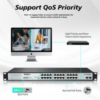 SODOLA 24 Port Gigabit PoE Switch 300W |24 Gigabit PoE+ Ports&2 Gigabit SFP Uplink, IEEE802.3af/at, Support QoS,Extend/VLAN Mode, Fanless Rackmount,Plug&Play Gigabit Ethernet Unmanaged Network Switch