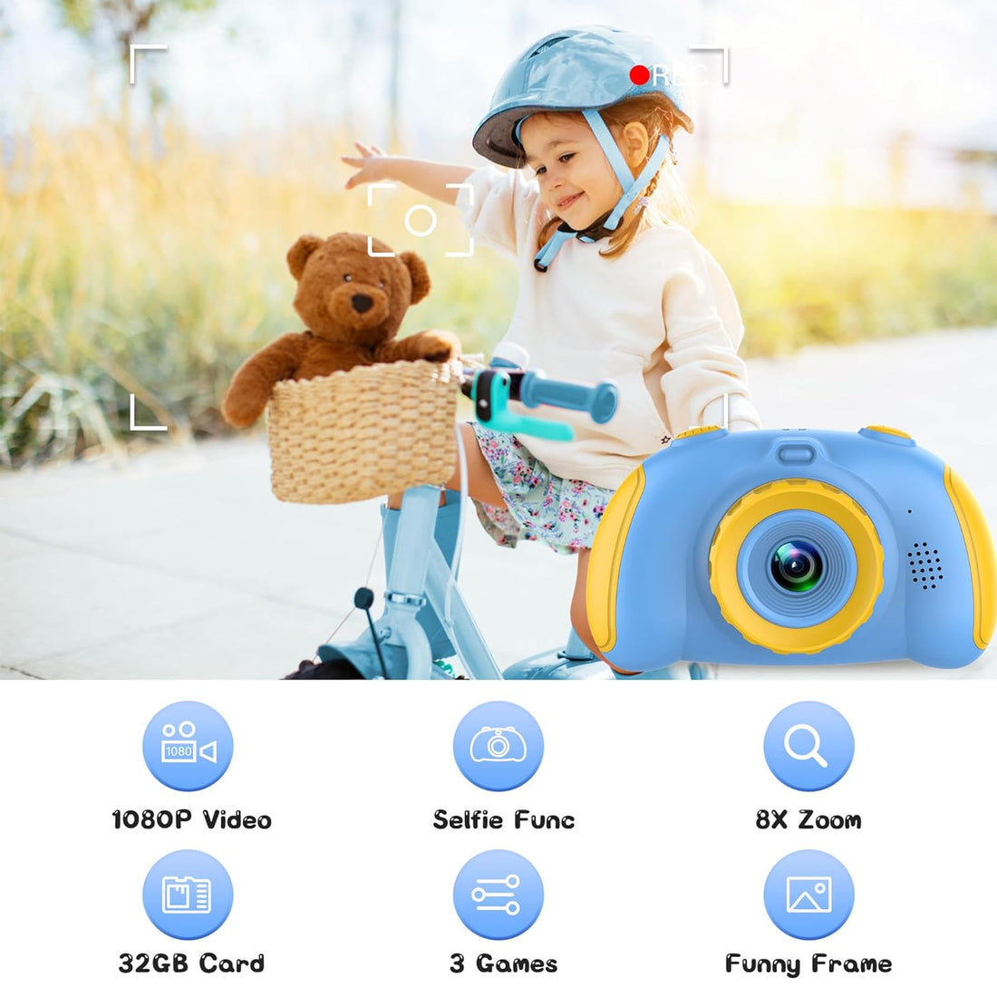 Kids Camera, Camera for Kids 3-12, Kids Digital Camera for Boys and Girls, with 32G SD Card, Toddler Camera with 2.4-Inch Screen for Kids at Birthday, Christmas (Blue with Yellow)