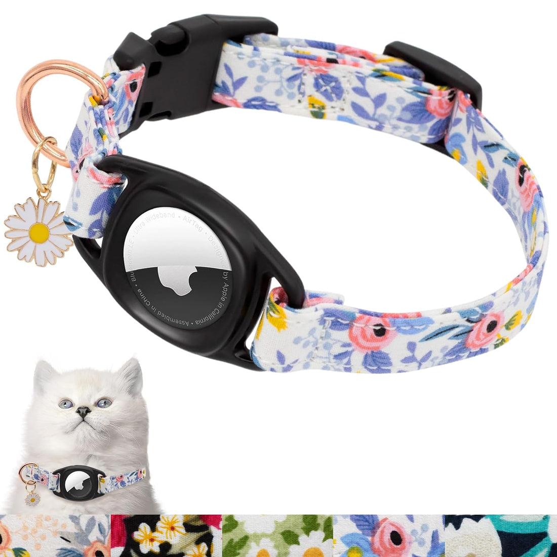 Airtag Cat Collar, HSIGIO GPS Cat Collar Breakaway with Apple Air Tag Holder & Flower Charm, Floral Cat Tracker Collar in 0.6 Inches Width for Girl Boy Cats, Kittens and Puppies (XS, Blue Flower)