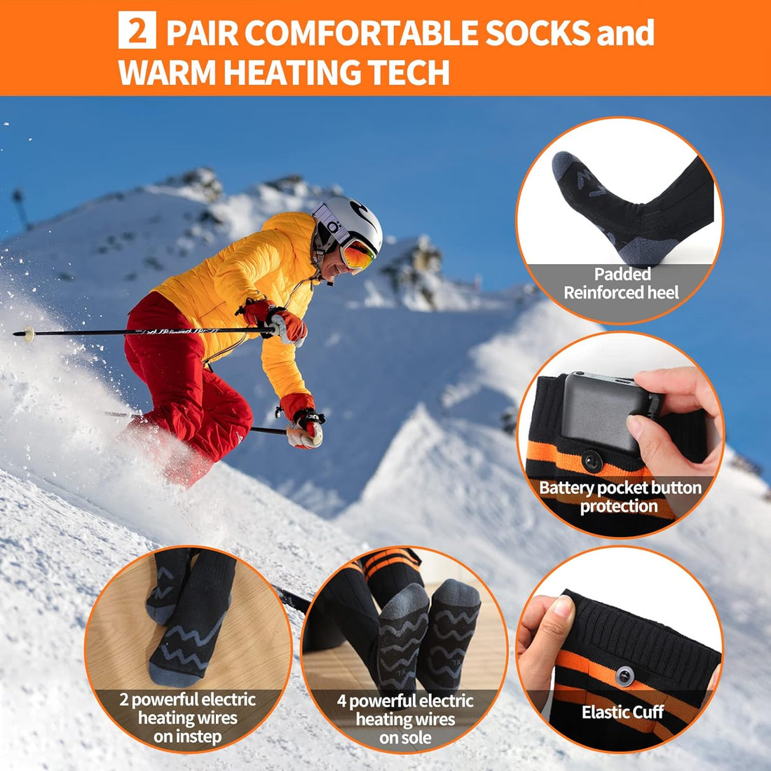 2 Pairs Heated Socks for Men Women, Rechargeable 5000mAh Power Pack Heated Socks with 4 Heating Level, Washable Electric Heated Socks for Hiking, Hunting, Skiing, Winter Activities(M)