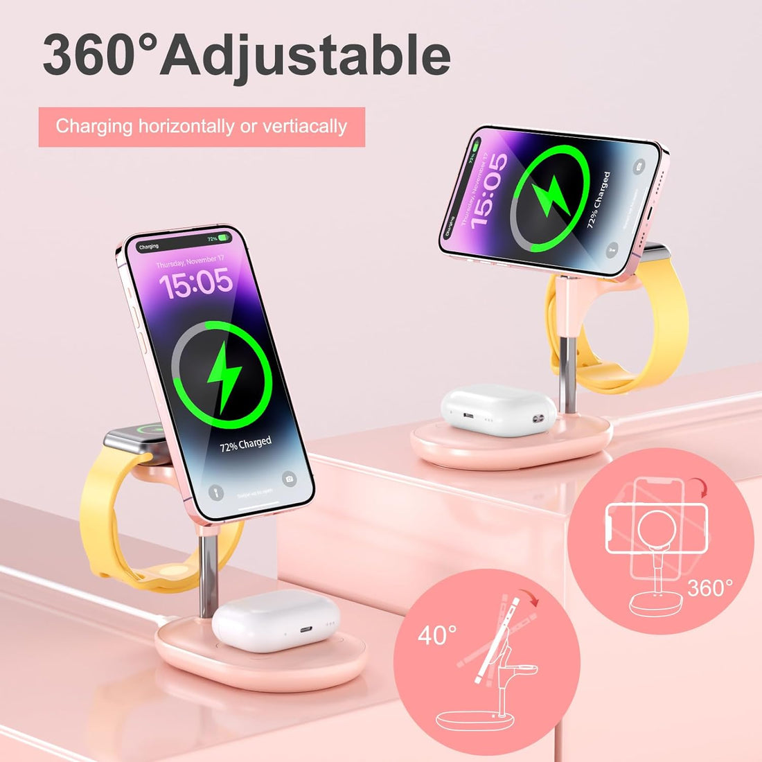 Wireless Charging Station for Multiple Devices Apple, 3 in 1 Fast Wireless Charger Stand Compatible with MagSafe Charger for iPhone 14 13 12 Pro Max/Plus/Pro/Mini iWatch AirPods