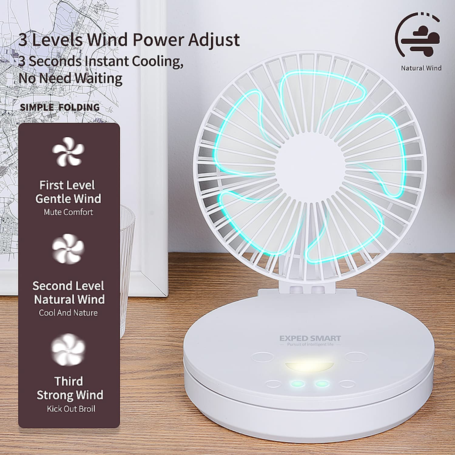 SDYXJ Portable Fan Rechargeable, Stand & table fan Folding & With 4 Speeds ，120 Degree Oscillating & Adjustable Tilt/Head Quiet for Office Home Outdoor Camping