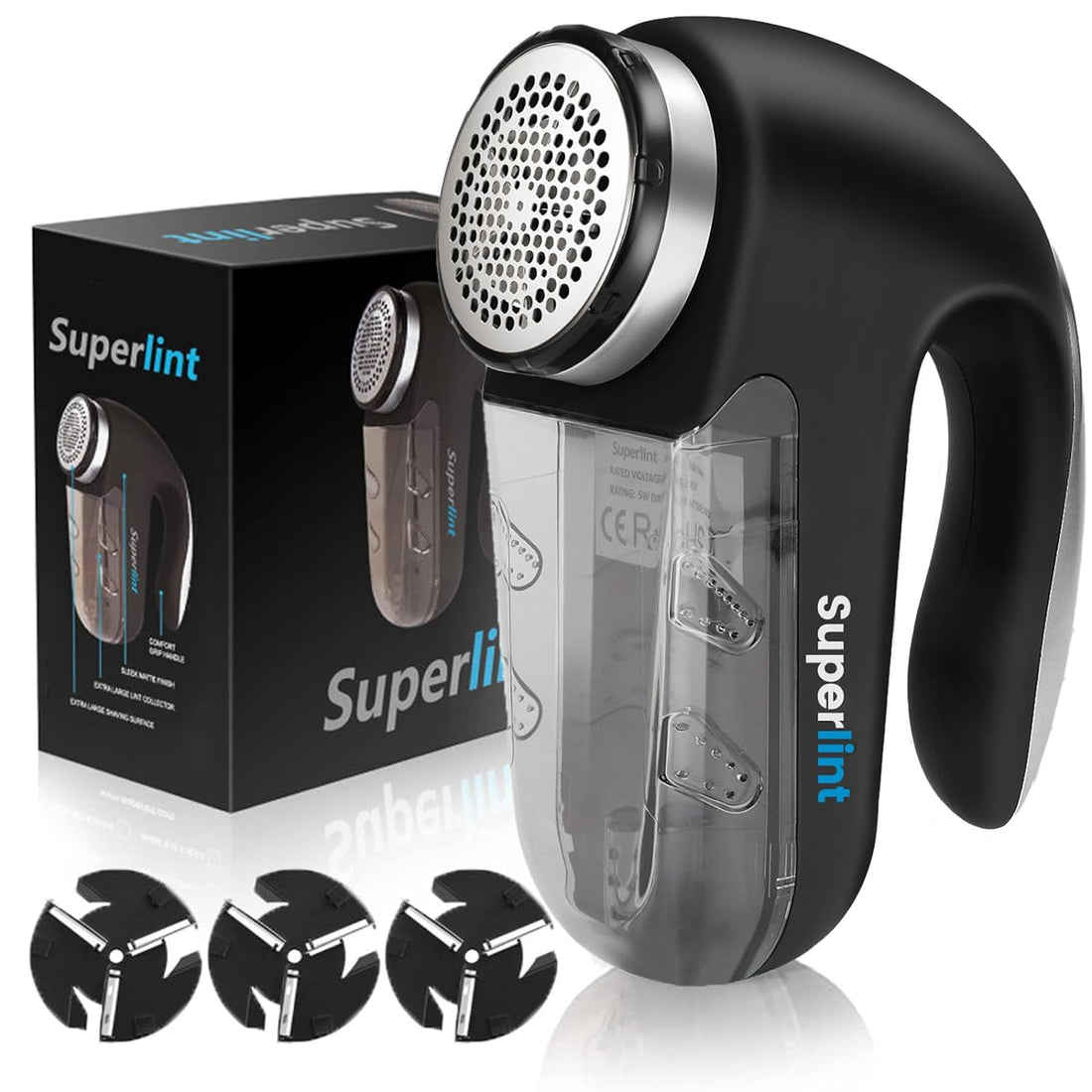 SUPER LINT Professional Electric Sweater Shaver Best Fuzz Pill Bobble Remover for Fabrics, Bedding, Clothes and Furniture, Use with Batteries or Power Adapter, Black & Silver