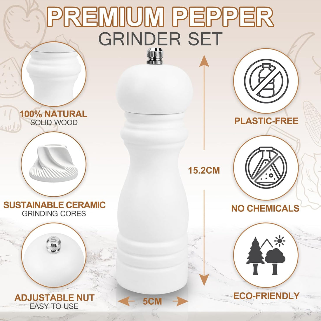 Salt and Pepper Grinder Set of 2 - Wood Salt and Pepper Mill with Adjustable Coarseness Ceramic Core - Manual Salt Grinders Refillable Spice Mills - Pepper Shakers for Sea Salt/Chili/Sesame, 6.5 Inch