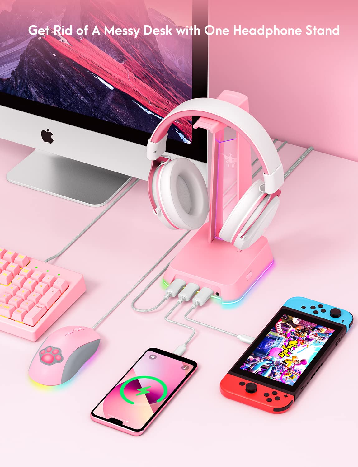 SOSISU RGB Headphones Stand with 3.5mm AUX and 3 USB 2.0 Ports, Gaming Headset Holder Hanger with Non-Slip Rubber Base for SOSISU Gaming Headset(Not Included), PC, Desktop (Pink)