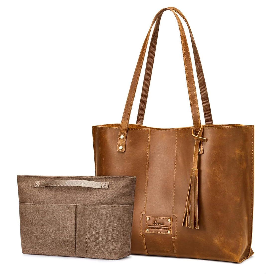 S-ZONE Women Genuine Leather Shoulder Bag Vintage Work Tote Purse Crossbody Handbag, Light Brown, Large