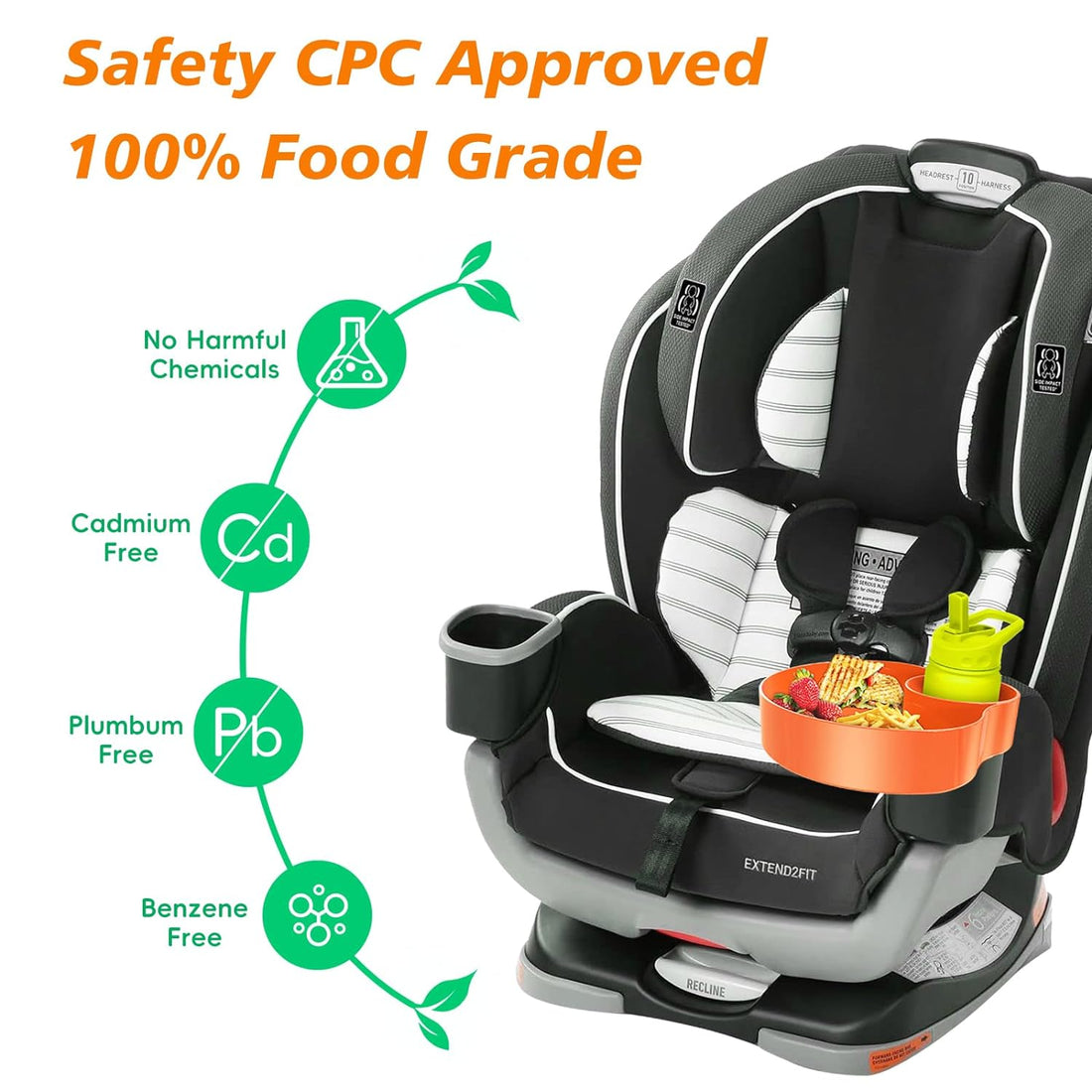 Car Seat Tray Cup Holder for Snacks/Drinks/Entertainment/Toys: 1 Food Tray&2 Cup Holder Bases, Carseat Trays for Kids Travel, Quickly Install Universal Fit for Most Car Seats/Toddlers Strollers-Orange