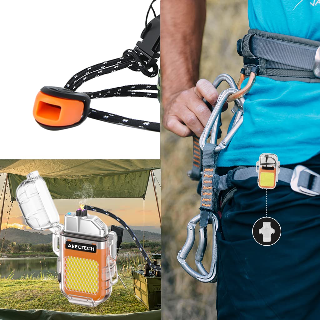 ARECTECH Rechargeable Lighter Electric Arc Dual Lighter 3 Modes of Flashlight Windproof Plasma Lighters Waterproof with Survival Emergency Whistle and Lanyard for Outdoor Candle Camping (Orange)