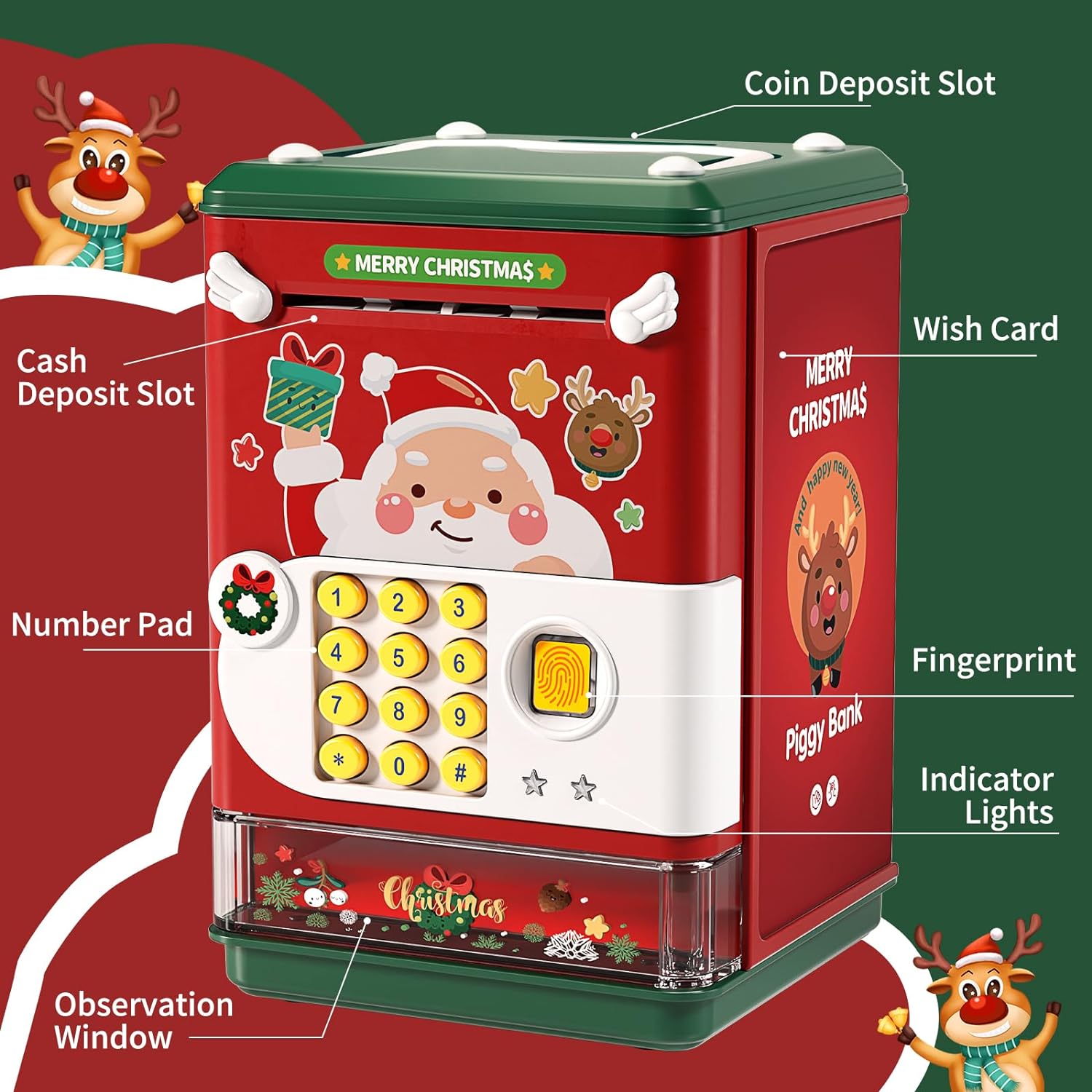 Deejoy Christmas Piggy Bank for Kids，Electronic Mini ATM Savings Machine with Personal Password & Fingerprint Unlocking，Music and Night Light，Christmas Birthday Gifts for Boys and Girls Age 3-8 Years