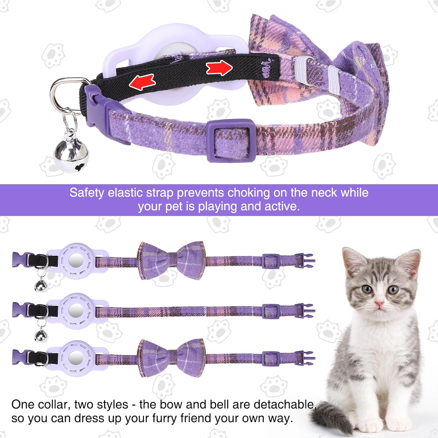 DILLYBUD Airtag Cat Collar, Plaid Cat Collar with Bow Tie and Bell, Adjustable Breakaway Pet Collar for Puppy Kitten Girl and Boys, GPS Tracker Cat Collars, Purple
