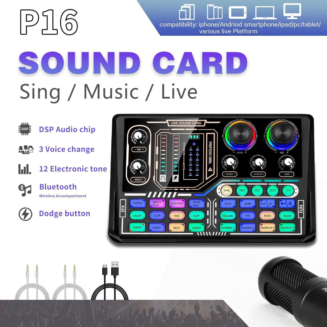 Podcast Equipment Bundle, Sound Card ,Sound Board,Professional DJ Audio Interface Mixer, Portable ALL-IN-ONE Podcast Production Studio with XLR Microphone for Live Streaming, Recording and Gaming
