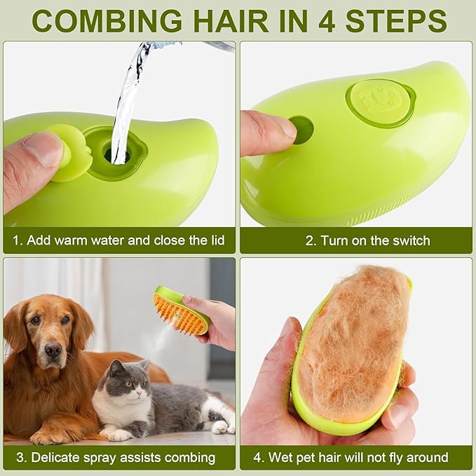 Cat Steam Brush, Dog Steam Brush, Steam Brush for Cats and Dogs, 3 In 1 Steamy Pet Brush, Steaming Pet Hair Brush, Cat and Dog Comb with Steam, Pet Grooming Brush for Cats (Yellow)