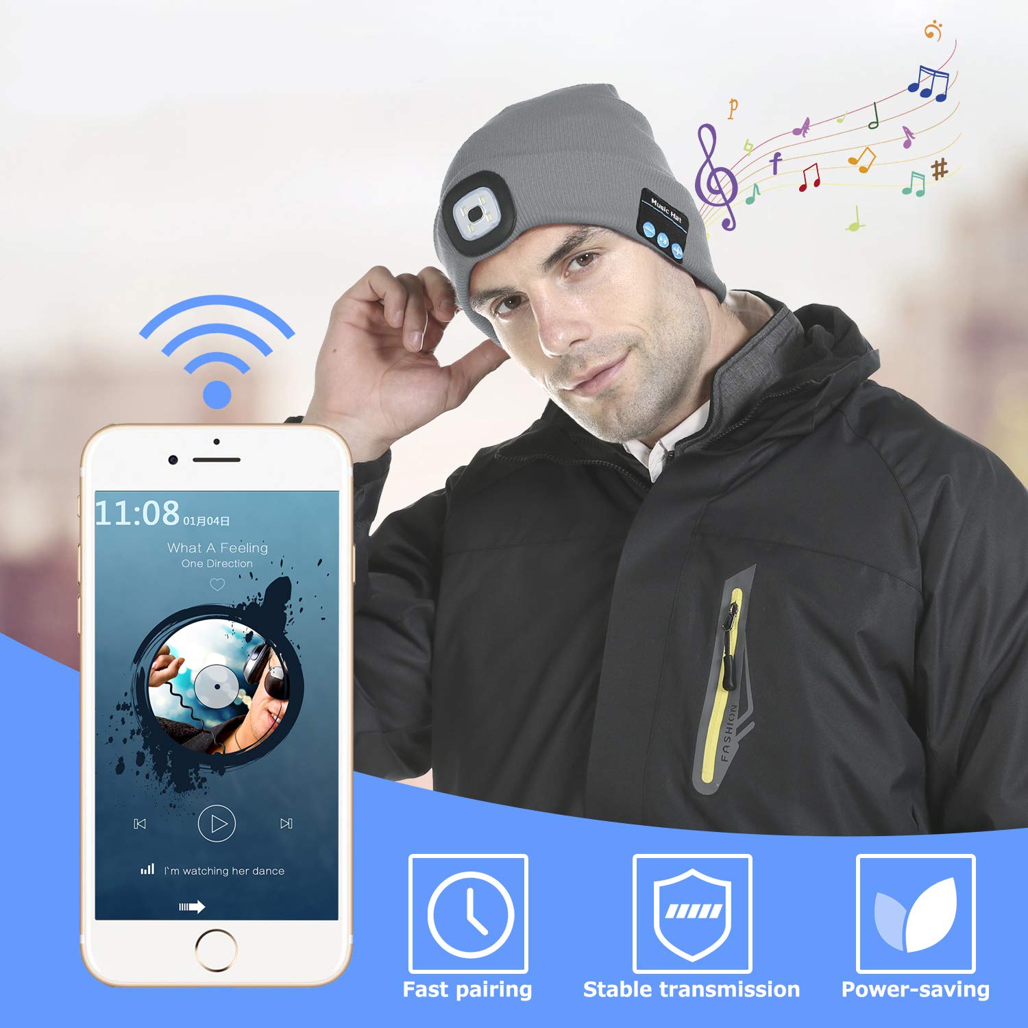 Bluetooth Beanie Hat with Light, Unisex LED Cap with Headphones Built-in Stereo Speakers & Mic, Tech Gift for Men Women Dad