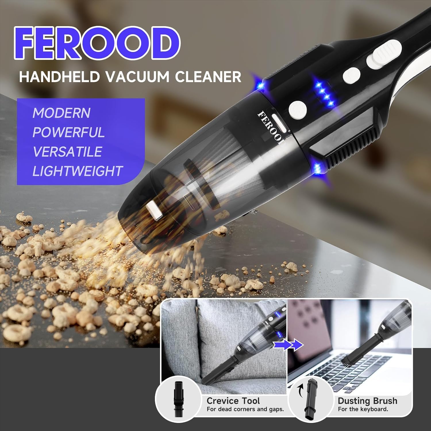 FEROOD Car Vacuum Cordless Rechargeable with 2 Filters,Handheld Vacuum Cleaner with 9000Pa Strong Suction,Mini Portable Hand Vacuum Cordless with Large-Capacity Battery,30min Runtime&Double LED Light