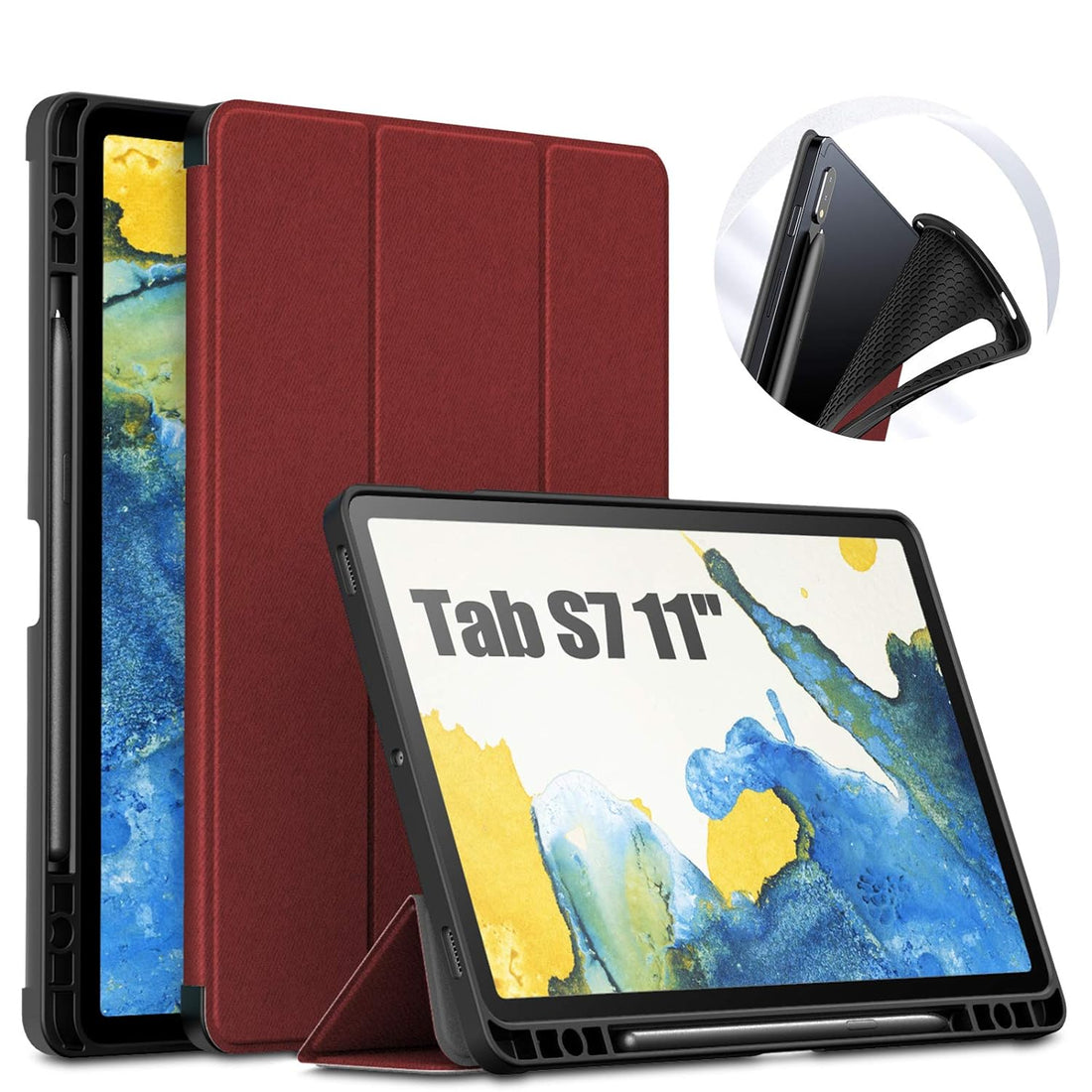 INFILAND Galaxy Tab S7 Case with S Pen Holder, Slim Tri-Fold Case Cover Compatible with Samsung Galaxy Tab S7 11-inch SM-T870/T875 2020 Release Tablet [Auto Wake/Sleep], Dark Red