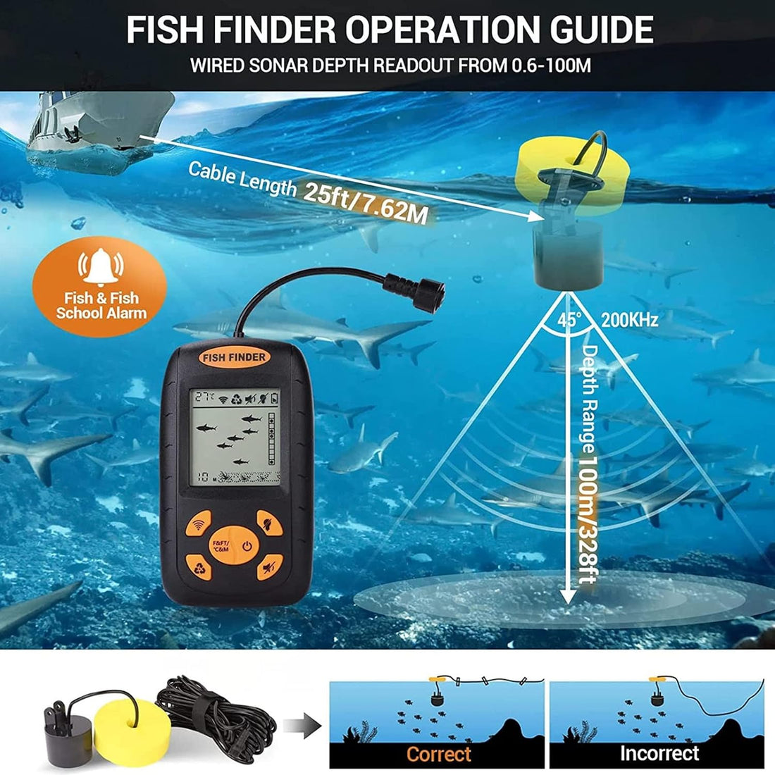 Portable Fish Finder, Handheld Fishing Fish Detector Device Shore Boat Sonar Sensor Transducer Contour Readout Fish Depth Finder with Backlight LED Display, for Boat Dock Sea Ice Kayak (Black)
