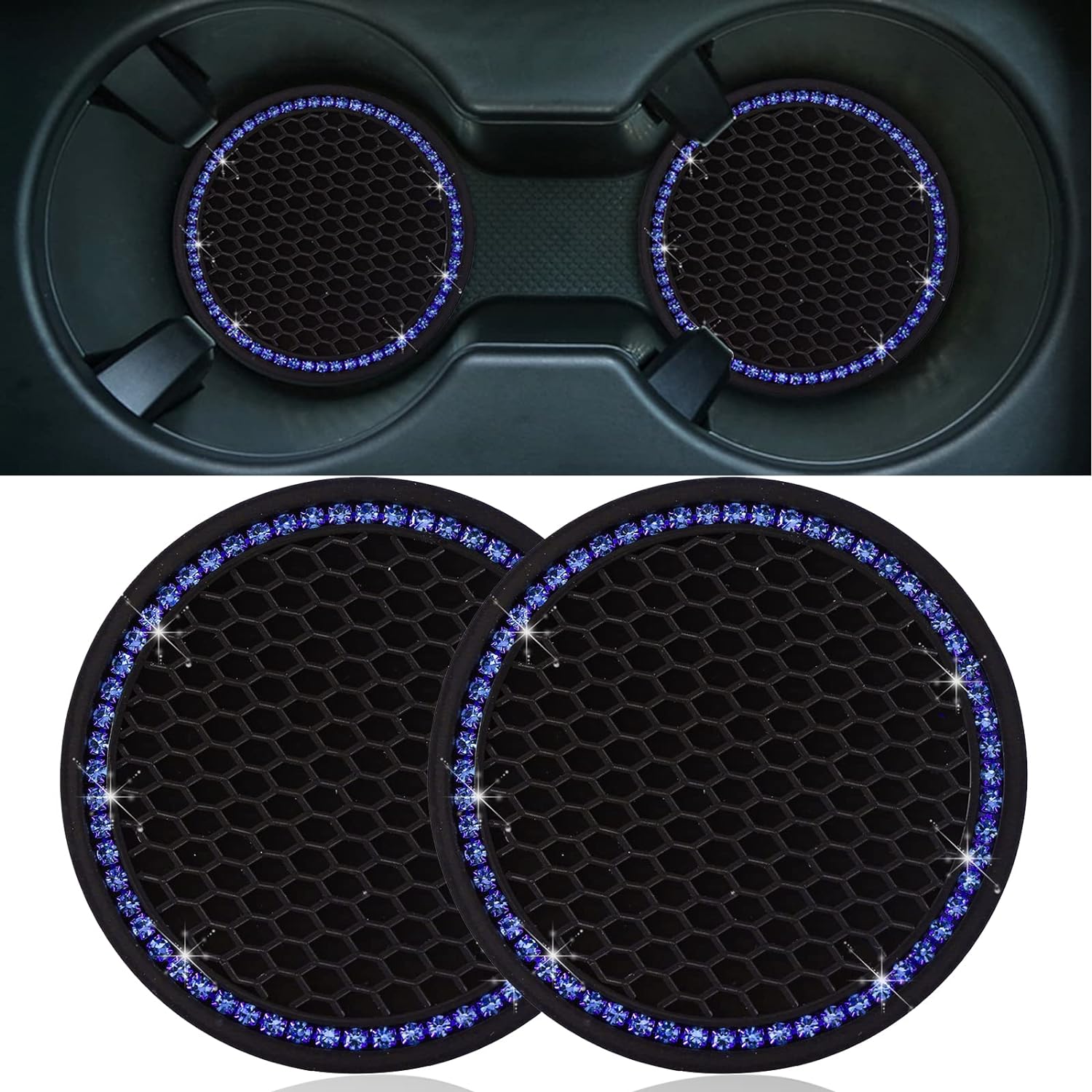 QODOLSI Pack-2 Crystal Rhinestone Car Cup Coasters, 2.75" Non-Slip Insert Coaster Pad, Silicone Insulation Drink Mat, for Most Cars Trucks Bling Cup Holder Coaster (Black with Blue Diamond)