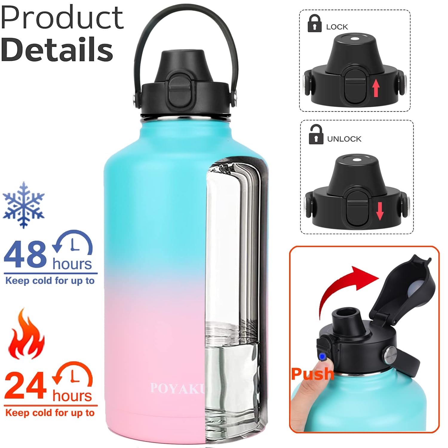 Water Bottle Insulated 64 oz- Straw lid and Auto Spout lid , Leak Proof, Vacuum Insulated, Large Metal Stainless Steel Water Jug Half Gallon Wide Mouth for Sports, Gym, Keep Cold 48H Hot 24H