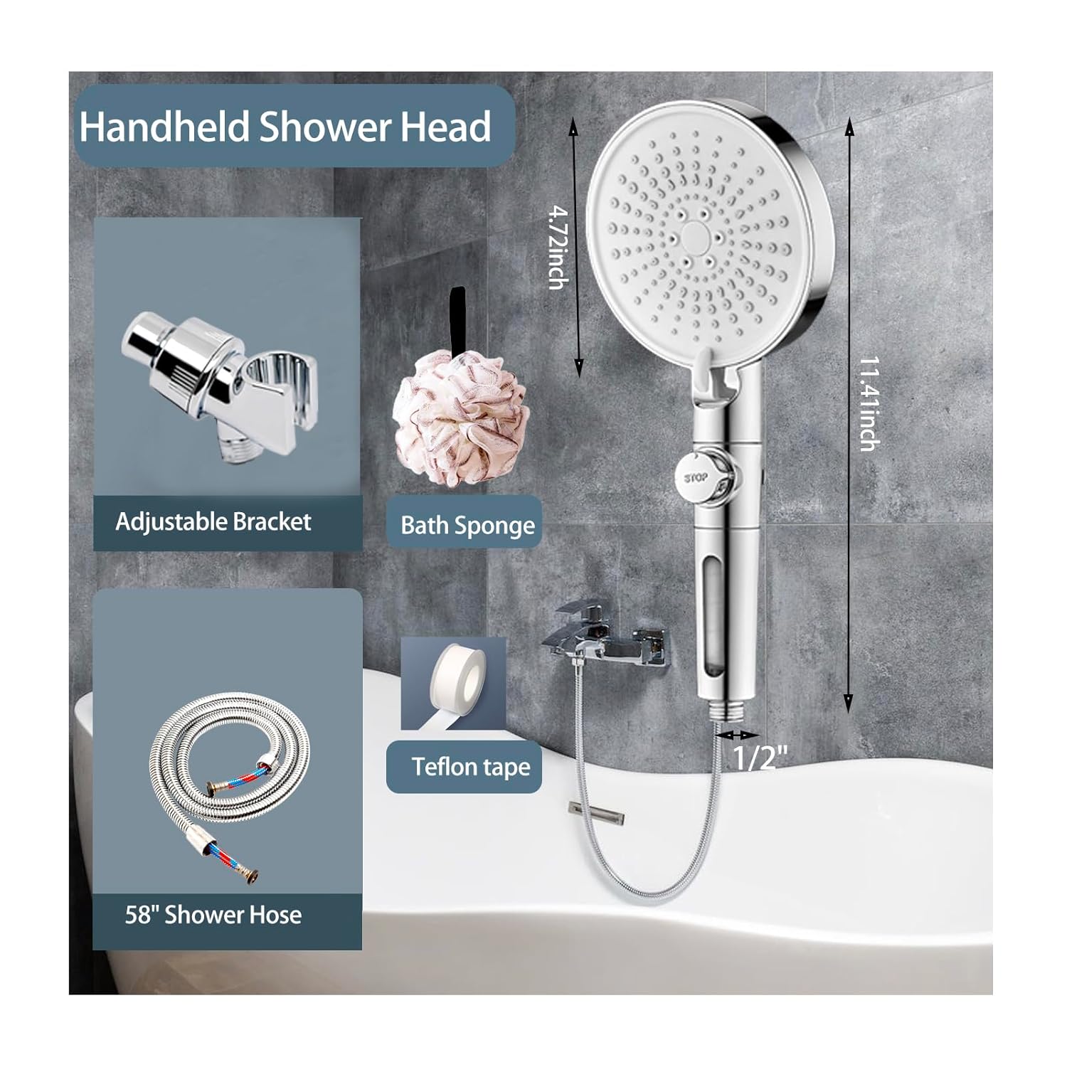 Large Panel Shower Head High Pressure Filtered ShowerHead 6 Setting,The built-in wash feature allows,with Hose & Holder Powerful Shower Heads and Bath Sponge for Bathroom Silver Color