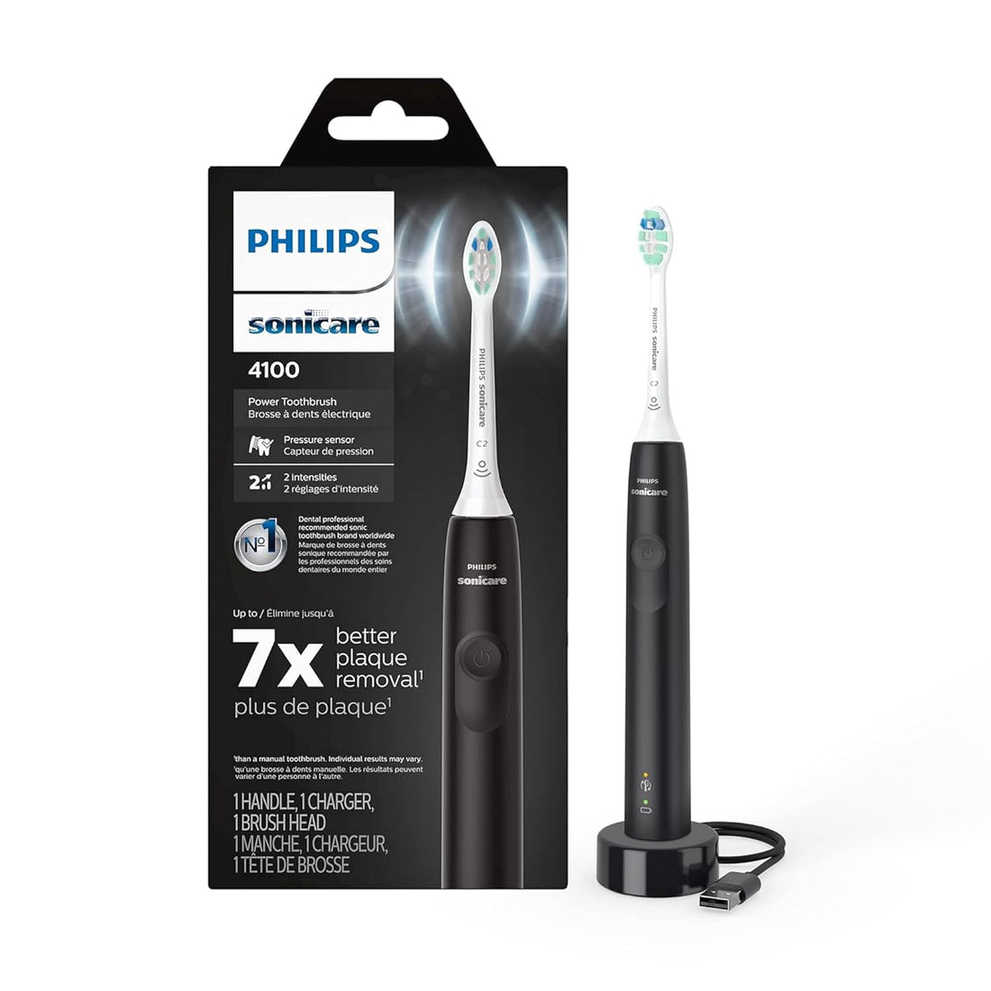 Philips Sonicare ProtectiveClean 4100 Plaque Control, Rechargeable electric toothbrush with pressure sensor, Black White HX6810/50 for adults,pack of 1