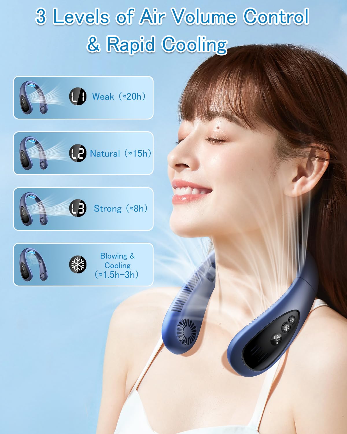 Neck Air Conditioner, 5000mAh Portable Neck Fan with Semiconductor Cooling Airflow Bladeless USB Neck Fans Portable Rechargeable with 3 Speeds, LED Display, Personal Fan for Outdoor Travel Indoor-Blue