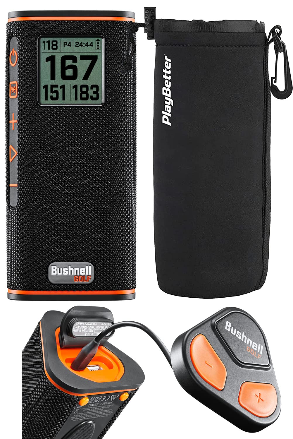 Bushnell Wingman View Golf Speaker | Easy-to-Read LCD Display, Bluetooth Music & Audible GPS Distances | 2023 | Bundle with Wingman View & Protective Wingman Pouch | 362210