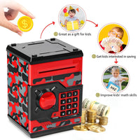 ATM Piggy Bank for Boys Girls, Vcertcpl Mini ATM Coin Bank Money Saving Box with Password, Kids Safe Money Jar for Adults with Auto Grab Bill Slot, Great Gift Toy Bank for Kids(Camouflage Red)