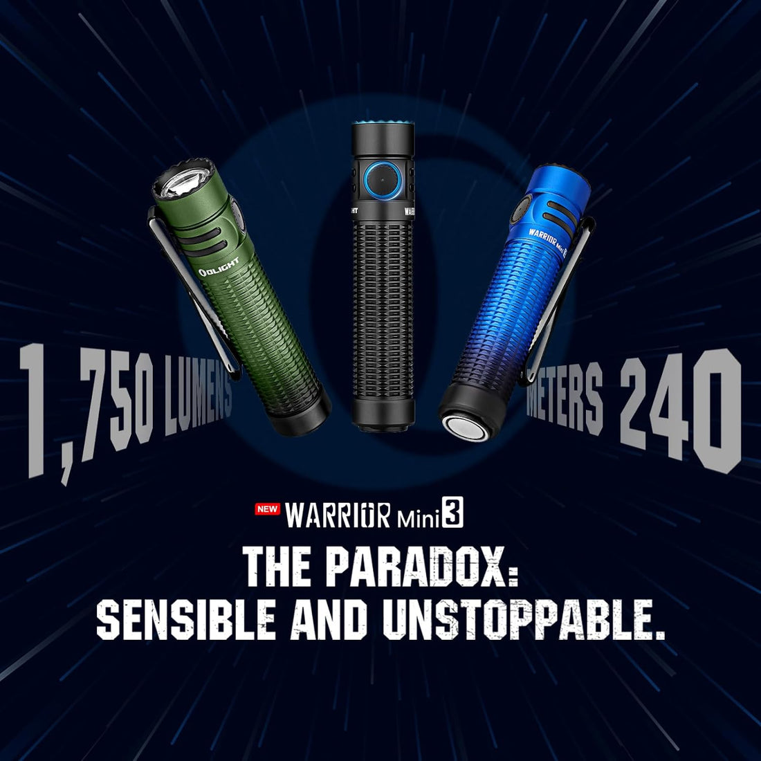 OLIGHT Warrior Mini3 1750 Lumens Rechargeable Tactical Flashlight with Dual Switch and Proximity Sensor, LED Flashlight for EDC, Outdoor, Camping and Emergency (Deep Sea Blue)