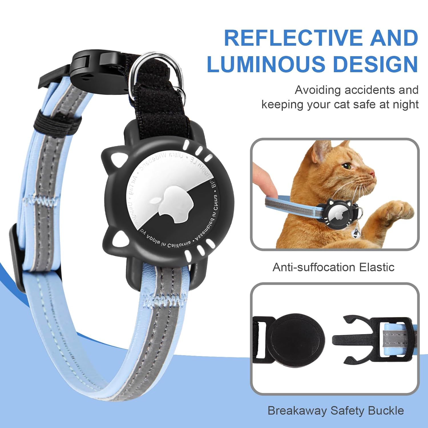 Arojore Luminous Airtag Cat Collar, Reflective Air Tag Cat Collar with Airtag Holder, Breakaway Tracker Pets Kitten Collar, Blue, XS(7-9 Inch)