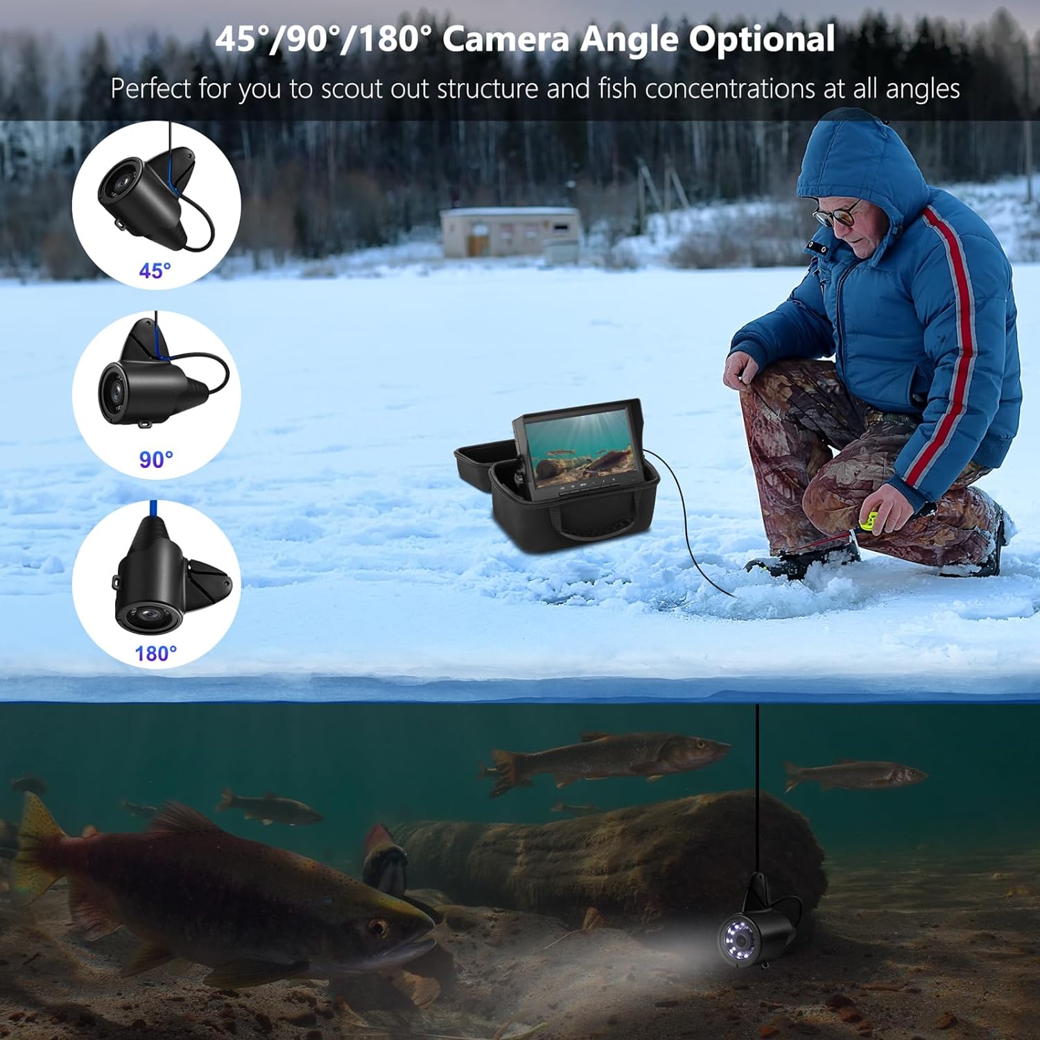 MOQCQGR Underwater Fishing Camera DVR w/Bracket - 7 inch Ice Fishing Camera Underwater w/ 12pcs+12pcs Filling Light, 32GB Card, 1200TVL Portable Ice Fishing Fish Finder for Lake Kayak Ice Fishing
